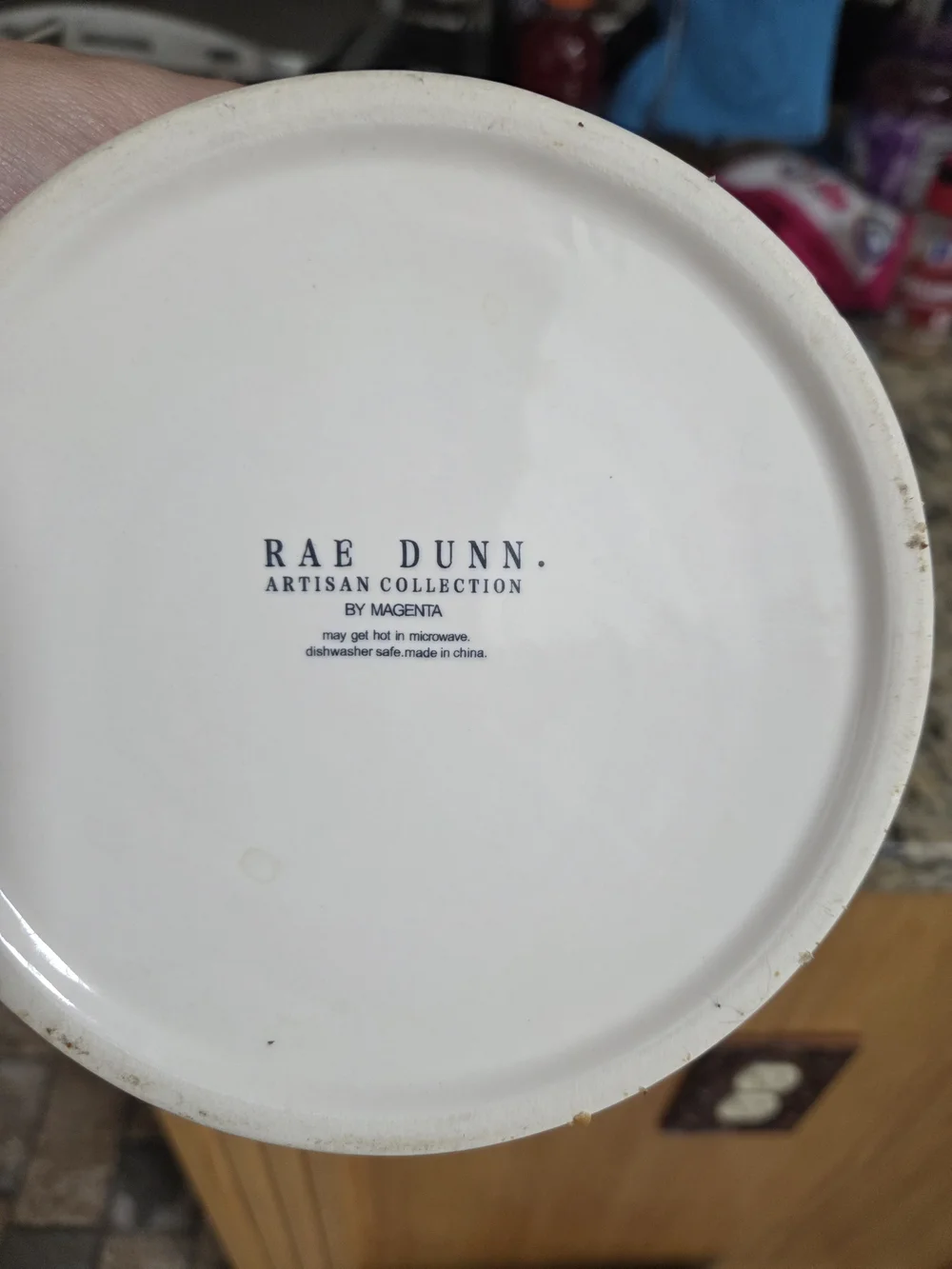 Rae Dunn White Ceramic Dog Bowl with Blue Accent